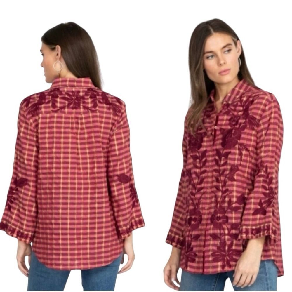 Johnny Was Red and Pink Checkered Blouse with Floral Embroidery